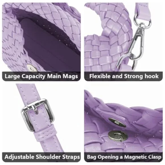 Woven Clutch Purse with Detachable Strap, Faux Leather Crossbody Handbag - Picture 5 of 6